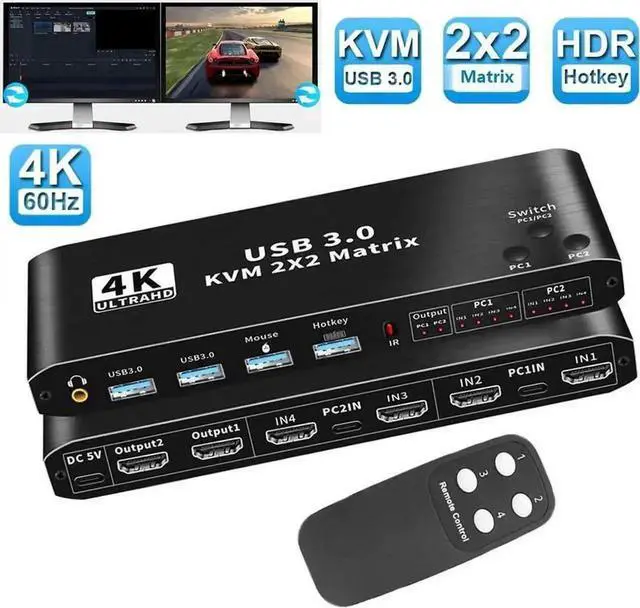 Main image of Vszerda 2x2 HDMI & USB-C Dual Monitor KVM Matrix Switch 4K@60Hz, 2 In 2 Out KVM Switcher with 2 USB 3.0 Ports for 2 PCs Share Two Displays Keyboard Mouse