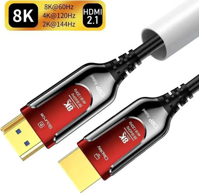 Main image of Vszerda 100FT, High-Speed 48Gbps Fiber Optic Gaming HDMI 2.1 Cable (8K@60Hz 4K@120Hz 144Hz ) - Compatible with Roku TV/PS5/HDTV/Blu-ray , -Slim in Wall Plenum-Rated Cables for Pipes - Red 100 ft.
