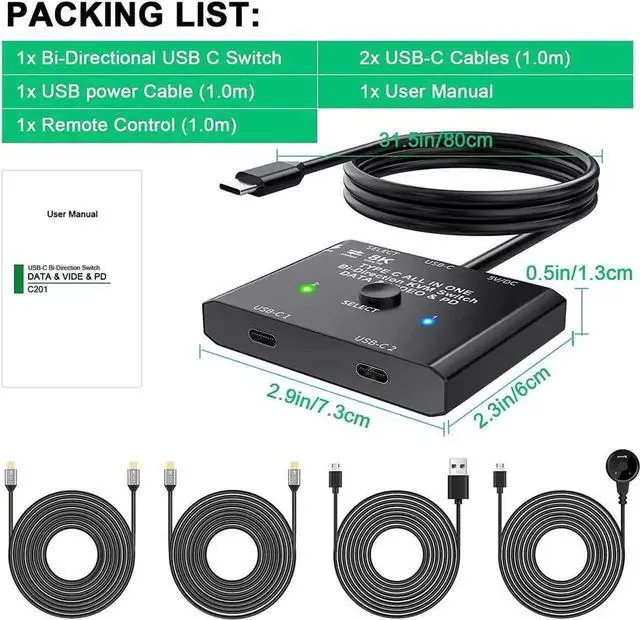 Alt view image 6 of 7 - Vszerda Bi-Directional 2 Port USB-C KVM Switch 8K@60Hz 4K@120Hz, 10Gbps Data & 100W PD Charging, Compatible with Thunderbolt, 2 USB-C Cables Included
