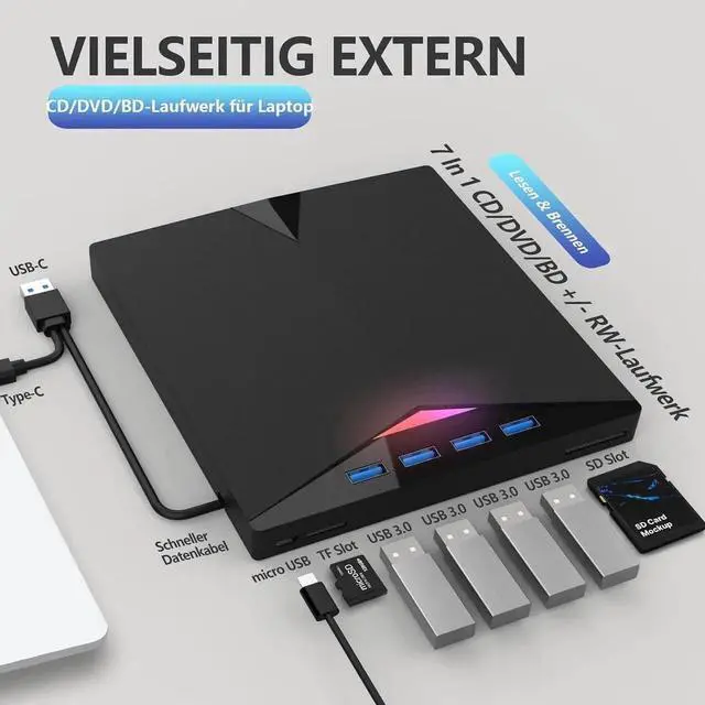 Alt view image 3 of 7 - Vszerda 7 in 1 External Blu Ray Drive USB3.0 Type-C 3D BD CD DVD Reader Writer Burner Compatible with Windows MacBook Laptop Desktop PC
