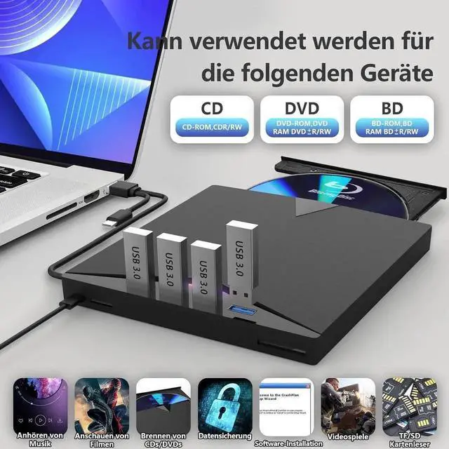 Alt view image 7 of 7 - Vszerda 7 in 1 External Blu Ray Drive USB3.0 Type-C 3D BD CD DVD Reader Writer Burner Compatible with Windows MacBook Laptop Desktop PC