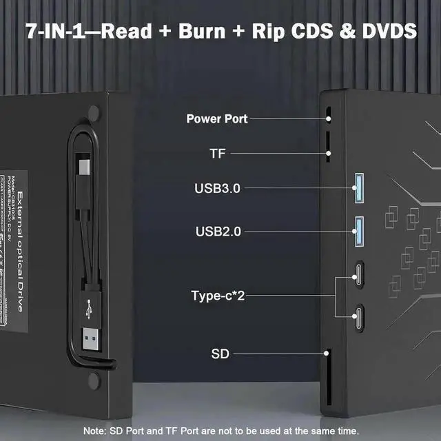 Alt view image 7 of 7 - Vszerda 7 in 1 USB 3.0 Type-C External CD DVD RW Burner Portable Optical Drive with SD TF Card Reader for Laptop Desktop Windows XP/7/8/10 Linux Mac OS