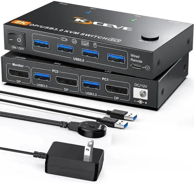 Main image of Vszerda 2 Port DP 2.1 KVM Switch 8K@60Hz 4K@144Hz, USB 3.0 DisplayPort KVM Switcher for 2 PCs Share 1 Monitor Keyboard Mouse, Wired Remote & Power Adapter Included