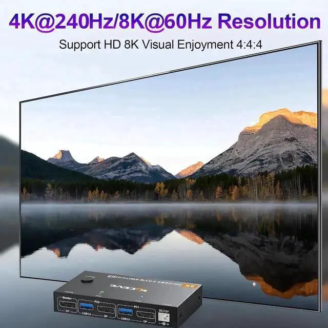 Alt view image 4 of 7 - Vszerda 2 Port DP 2.1 KVM Switch 8K@60Hz 4K@144Hz, USB 3.0 DisplayPort KVM Switcher for 2 PCs Share 1 Monitor Keyboard Mouse, Wired Remote & Power Adapter Included