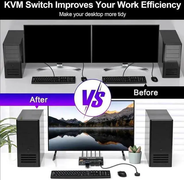 Alt view image 6 of 7 - Vszerda 2 Port DP 2.1 KVM Switch 8K@60Hz 4K@144Hz, USB 3.0 DisplayPort KVM Switcher for 2 PCs Share 1 Monitor Keyboard Mouse, Wired Remote & Power Adapter Included