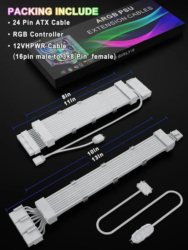 Alt view image 3 of 7 - Vszerda ARGB 12VHPWR PSU Extension Cable Kit with Flexible LED Strips, ATX 24Pin + 16Pin to 3×8Pin GPU Power Cables for Custom PC Modding