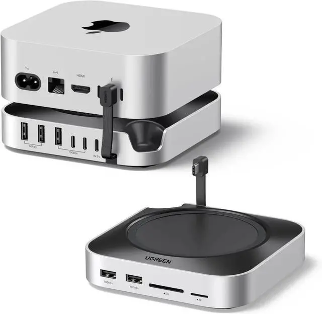 Main image of Vszerda Dock & Stand for Mac mini M4/M4 Pro with Built-in M.2 NVMe SSD Enclosure, 3×10Gbps USB-A, 10Gbps USB-C Data Port, SD/TF Card Reader, Aluminum Silver Docking Station