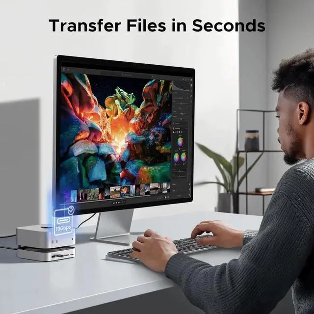 Alt view image 2 of 7 - Vszerda Dock & Stand for Mac mini M4/M4 Pro with Built-in M.2 NVMe SSD Enclosure, 3×10Gbps USB-A, 10Gbps USB-C Data Port, SD/TF Card Reader, Aluminum Silver Docking Station