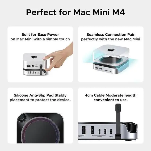 Alt view image 3 of 7 - Vszerda Dock & Stand for Mac mini M4/M4 Pro with Built-in M.2 NVMe SSD Enclosure, 3×10Gbps USB-A, 10Gbps USB-C Data Port, SD/TF Card Reader, Aluminum Silver Docking Station