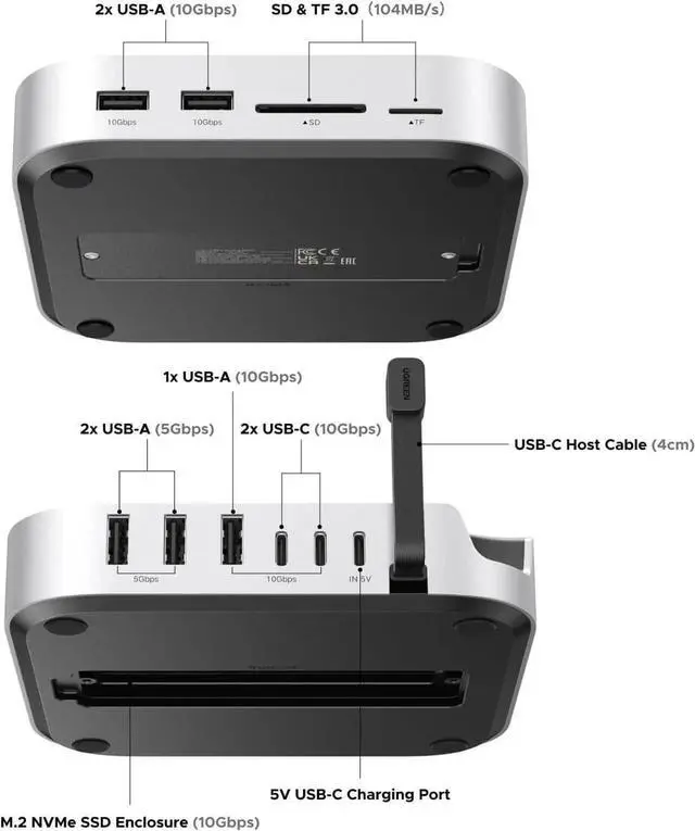 Alt view image 4 of 7 - Vszerda Dock & Stand for Mac mini M4/M4 Pro with Built-in M.2 NVMe SSD Enclosure, 3×10Gbps USB-A, 10Gbps USB-C Data Port, SD/TF Card Reader, Aluminum Silver Docking Station