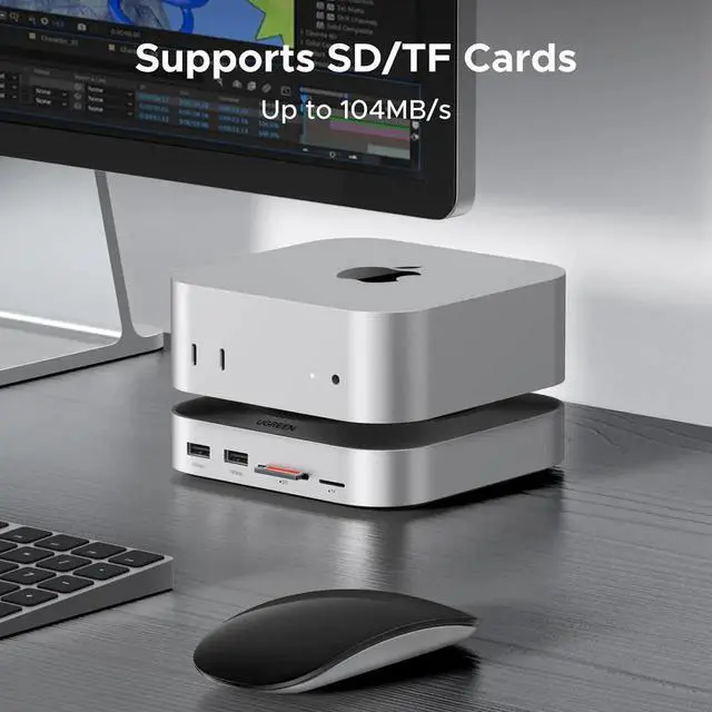 Alt view image 7 of 7 - Vszerda Dock & Stand for Mac mini M4/M4 Pro with Built-in M.2 NVMe SSD Enclosure, 3×10Gbps USB-A, 10Gbps USB-C Data Port, SD/TF Card Reader, Aluminum Silver Docking Station