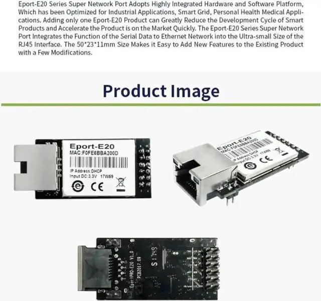 Alt view image 2 of 7 - Vszerda Eport-E20 Embedded TTL Serial to Ethernet Module FreeRTOS TCP/IP Server with DHCP Telnet, 5PCS Pack
