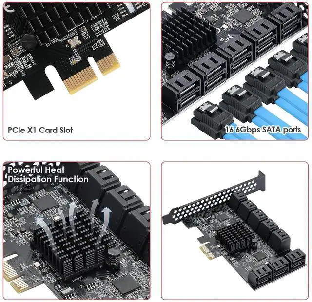 Alt view image 3 of 7 - Vszerda 16 Port PCIe SATA 3.0 Expansion Controller Card, 6Gbps AHCI SATA Adapter Card Bootable as System Drive, ASM1064 + JMB575 Chipset, Compatible with PCIe X1/X4/X8/X16 Slots, Non-Hardware RAID