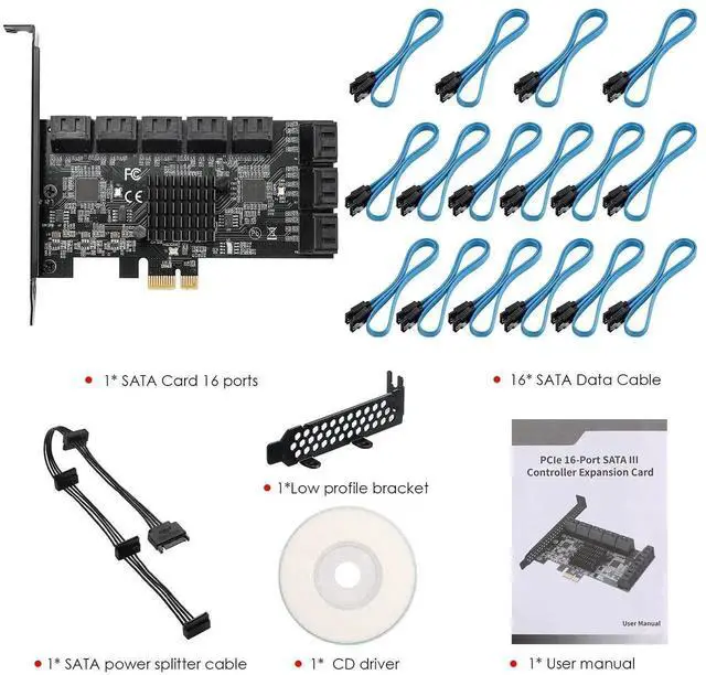 Alt view image 7 of 7 - Vszerda 16 Port PCIe SATA 3.0 Expansion Controller Card, 6Gbps AHCI SATA Adapter Card Bootable as System Drive, ASM1064 + JMB575 Chipset, Compatible with PCIe X1/X4/X8/X16 Slots, Non-Hardware RAID