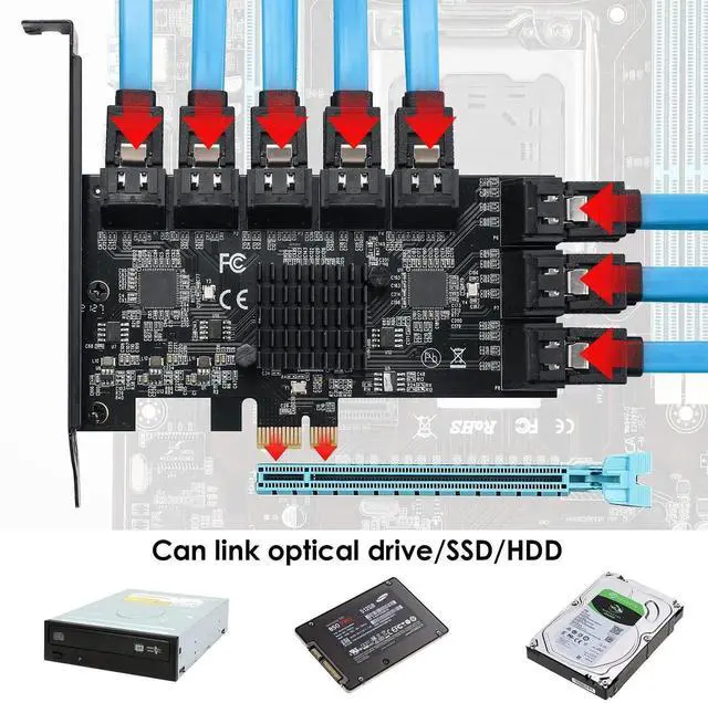 Alt view image 4 of 7 - Vszerda 16 Port PCIe SATA 3.0 Expansion Controller Card, 6Gbps AHCI SATA Adapter Card Bootable as System Drive, ASM1064 + JMB575 Chipset, Compatible with PCIe X1/X4/X8/X16 Slots, Non-Hardware RAID