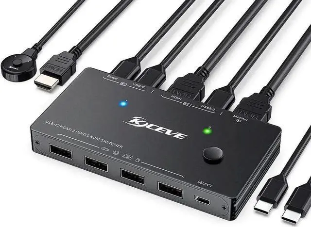 Main image of Vszerda 2 Port USB-C & HDMI KVM Switch 4K@60Hz, 100W PD, Thunderbolt 3 Compatible, 4 USB Ports for 2 PCs Share 1 Monitor, Wired Remote & 3 Cables Included