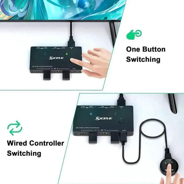 Alt view image 2 of 7 - Vszerda 2 Port USB-C & HDMI KVM Switch 4K@60Hz, 100W PD, Thunderbolt 3 Compatible, 4 USB Ports for 2 PCs Share 1 Monitor, Wired Remote & 3 Cables Included