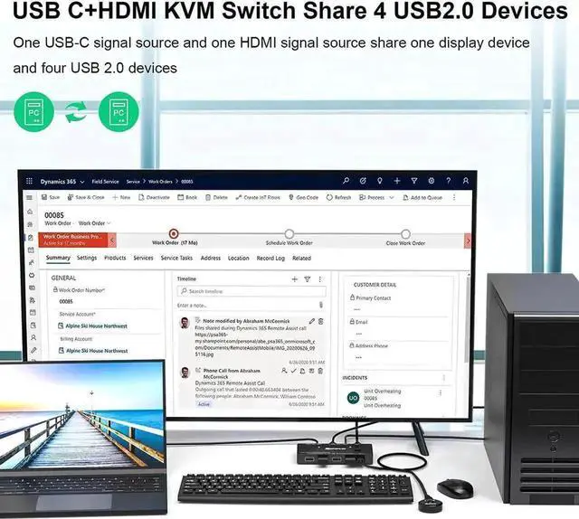 Alt view image 4 of 7 - Vszerda 2 Port USB-C & HDMI KVM Switch 4K@60Hz, 100W PD, Thunderbolt 3 Compatible, 4 USB Ports for 2 PCs Share 1 Monitor, Wired Remote & 3 Cables Included