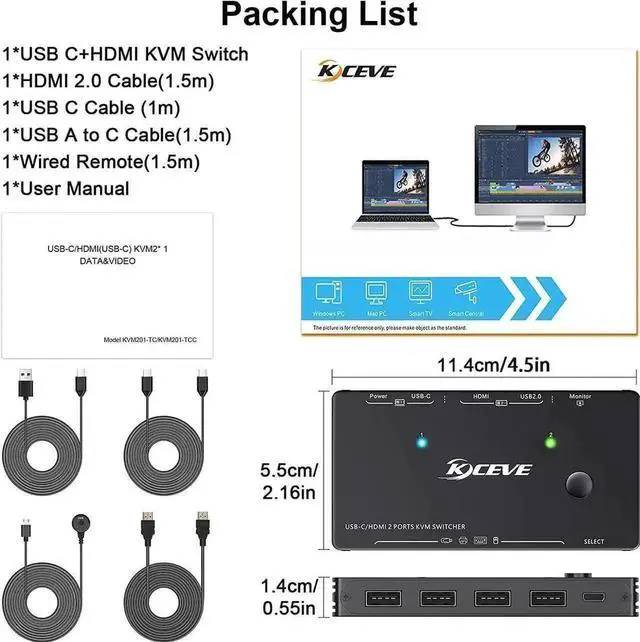 Alt view image 7 of 7 - Vszerda 2 Port USB-C & HDMI KVM Switch 4K@60Hz, 100W PD, Thunderbolt 3 Compatible, 4 USB Ports for 2 PCs Share 1 Monitor, Wired Remote & 3 Cables Included