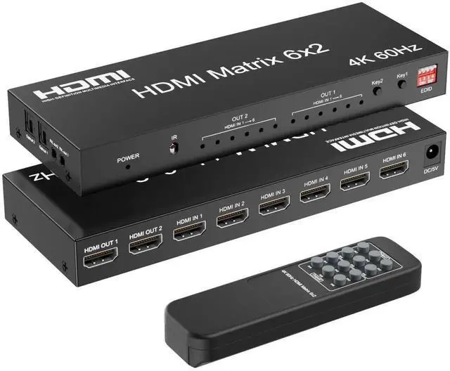Main image of 6x2 HDMI 2.0 Matrix Switch Splitter, 6 in 2 Out HDMI Switcher Selector with IR Remote, Optical SPDIF + 3.5mm AUX Audio Extractor, Supports 4K@60Hz 18Gbps UHD HDR HDCP 2.3, Adjustable EDID Management,