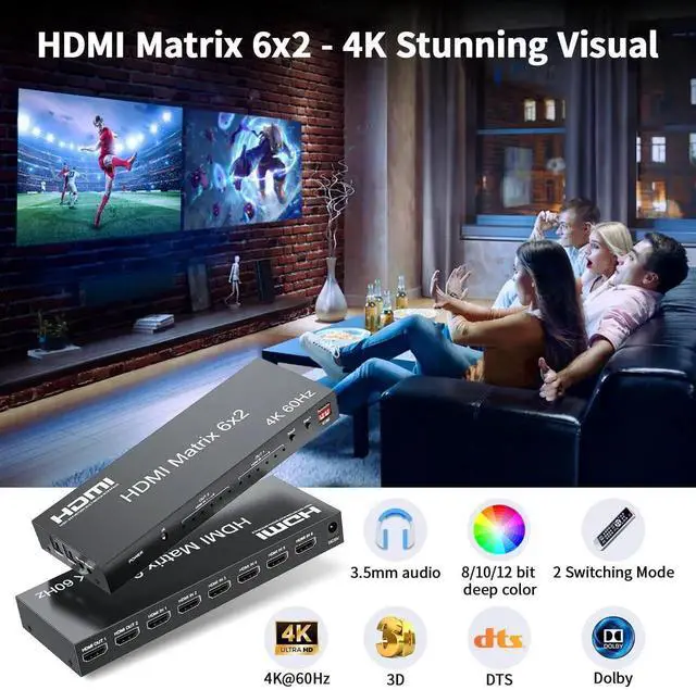 Alt view image 5 of 7 - 6x2 HDMI 2.0 Matrix Switch Splitter, 6 in 2 Out HDMI Switcher Selector with IR Remote, Optical SPDIF + 3.5mm AUX Audio Extractor, Supports 4K@60Hz 18Gbps UHD HDR HDCP 2.3, Adjustable EDID Management,