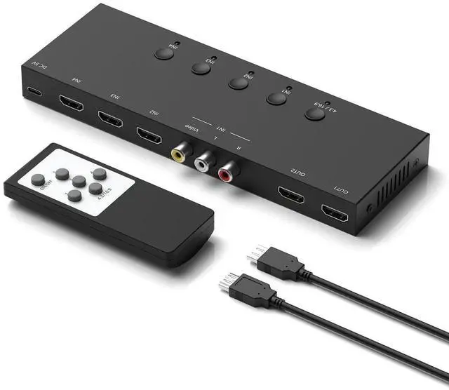 Main image of 3 HDMI 2.0 + 1 RCA Input to 2 HDMI Output Converter Switch Splitter, Simultaneous Dual Display, Aspect Ratio 4:3/16:9 Adjustable, Compatible with N64, NGC, Wii, Xbox, PS2/3/4/5, Switch, Apple TV, Fire