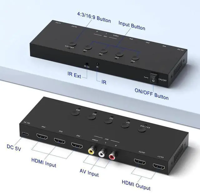 Alt view image 4 of 7 - 3 HDMI 2.0 + 1 RCA Input to 2 HDMI Output Converter Switch Splitter, Simultaneous Dual Display, Aspect Ratio 4:3/16:9 Adjustable, Compatible with N64, NGC, Wii, Xbox, PS2/3/4/5, Switch, Apple TV, Fire