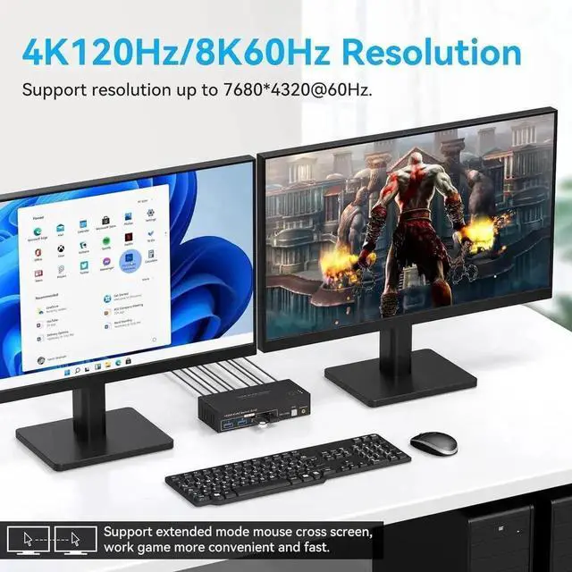 Alt view image 3 of 7 - Vszerda 2x2 Dual Monitor HDMI KVM Switch 8K@60Hz 4K@120Hz, 2 Port HDMI KVM Switcher with 4 USB 3.0 Ports for 2 PCs Share Two Displays, Compatible with Windows MacOS Linux Unix