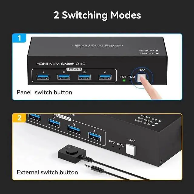 Alt view image 5 of 7 - Vszerda 2x2 Dual Monitor HDMI KVM Switch 4K@60Hz, USB 3.0 KVM Switcher for 2 PCs Share 2 Monitors & 4 USB 3.0 Devices, Desktop Remote + 2 USB Cables Included