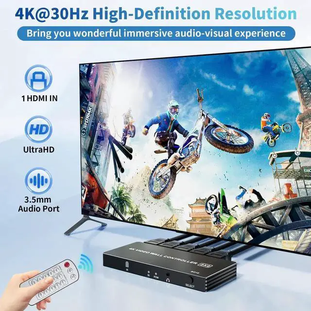 Alt view image 2 of 7 - Vszerda 2x2 4K HDMI Video Wall Controller, 8 Splicing Modes 180° Rotation Audio Extractor IR Remote for 4 TV Screens Combination Display