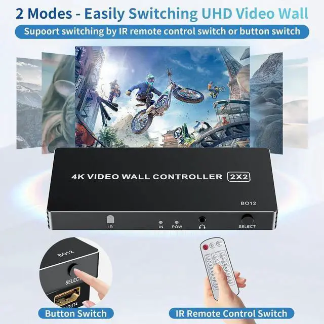 Alt view image 3 of 7 - Vszerda 2x2 4K HDMI Video Wall Controller, 8 Splicing Modes 180° Rotation Audio Extractor IR Remote for 4 TV Screens Combination Display