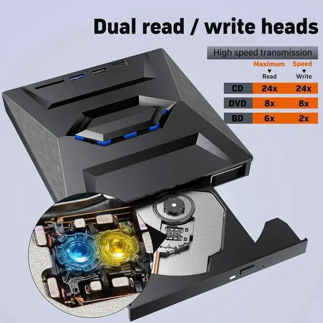 Alt view image 2 of 7 - Vszerda 5 in 1 External Blu Ray Drive USB3.0 Type-C BD Reader Writer with SD Card Slot, CD DVD +/-RW Burner Compatible with Windows Linux Mac OS PC Laptop