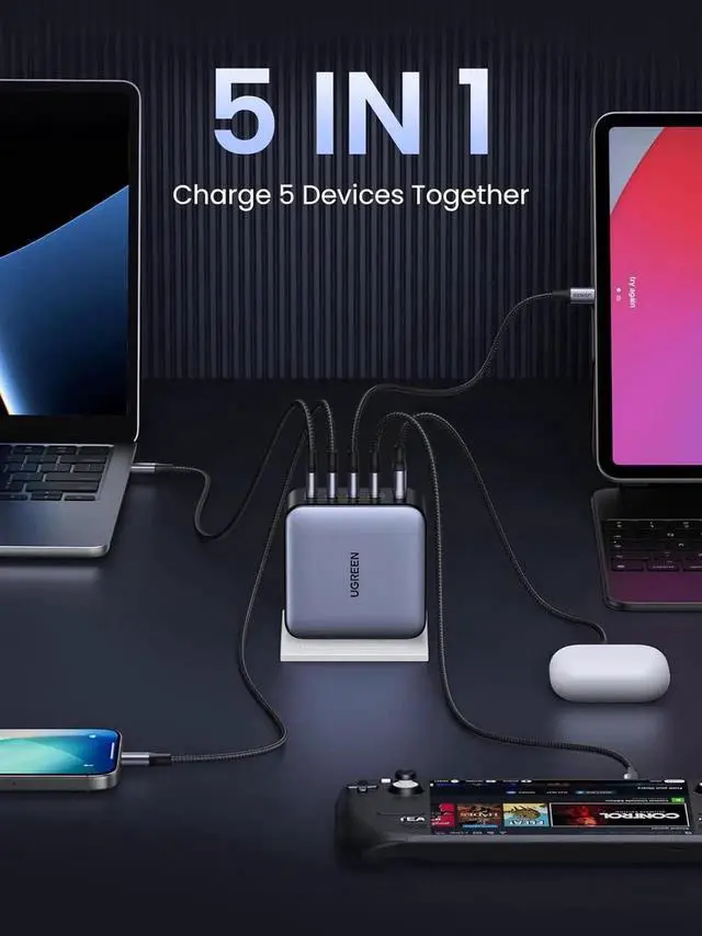 Alt view image 4 of 7 - Vszerda Nexode 100W GaN USB C Laptop Charger, 5-Port Multi Fast Charging Power Adapter Compatible with MacBook Pro/Air, iPhone 17/16/15, Galaxy S25/S24, Pixel 10/9, iPad Air, Steam Deck