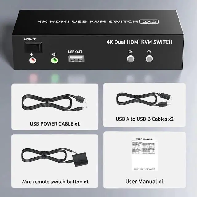Alt view image 2 of 7 - Vszerda 2x2 Dual Monitor HDMI KVM Switch 4K@60Hz, 2 Port KVM Switcher with 5 USB 2.0 Ports, Wired Remote & USB Power Cable for 2 PCs to Share Two Displays