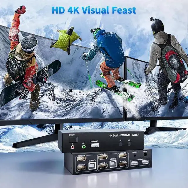 Alt view image 6 of 7 - Vszerda 2x2 Dual Monitor HDMI KVM Switch 4K@60Hz, 2 Port KVM Switcher with 5 USB 2.0 Ports, Wired Remote & USB Power Cable for 2 PCs to Share Two Displays