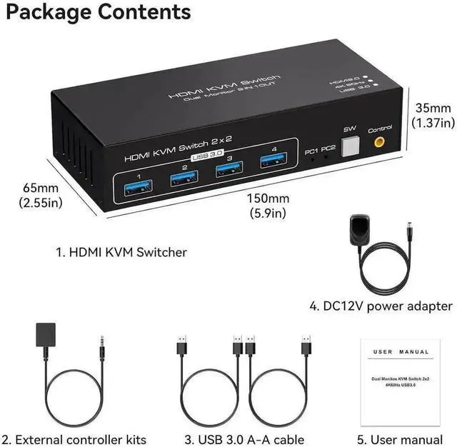 Alt view image 4 of 7 - Vszerda 2x2 Dual Monitor HDMI KVM Switch 4K@60Hz, 2 Port KVM Switcher with 4 USB 3.0 Ports, Desktop Controller & 2 USB 3.0 Cables for 2 PCs Share Two Displays
