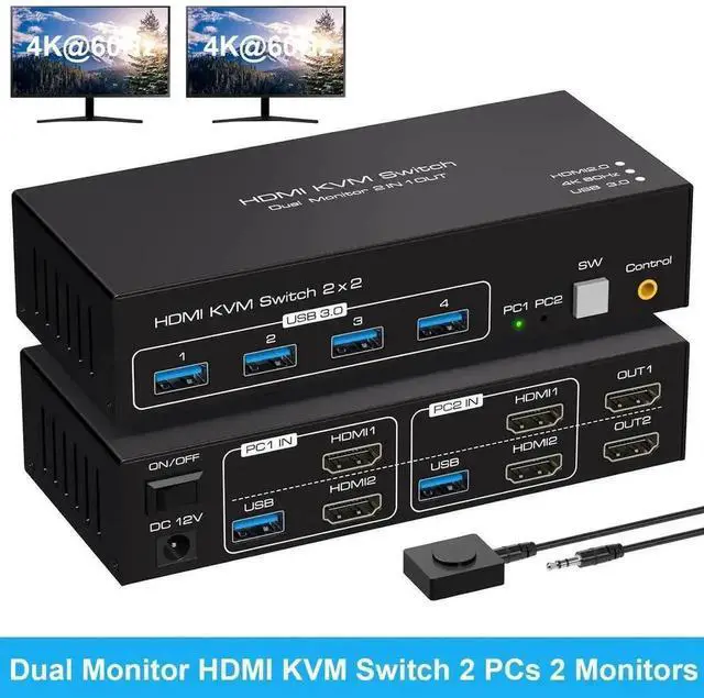 Main image of Vszerda 2x2 Dual Monitor HDMI KVM Switch 4K@60Hz, 2 Port KVM Switcher with 4 USB 3.0 Ports, Desktop Controller & 2 USB 3.0 Cables for 2 PCs Share Two Displays