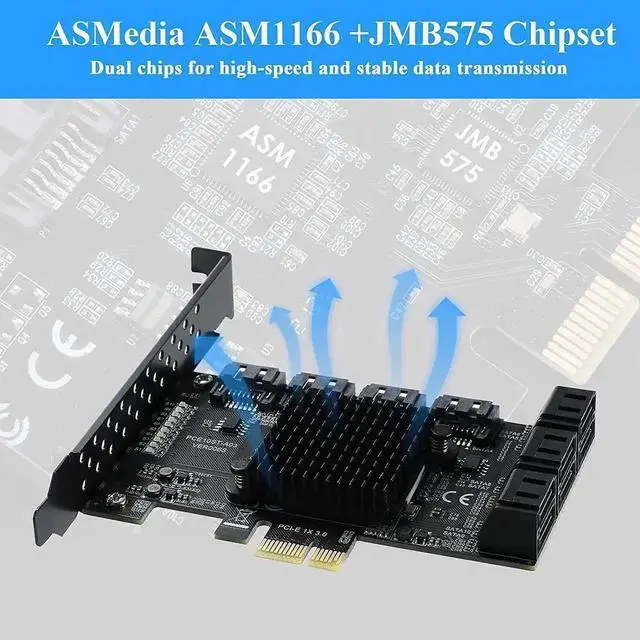 Alt view image 2 of 7 - Vszerda 10 Port PCIe X1 SATA 3.0 Expansion Card with ASM1166 Chip, 6Gbps Non-RAID SATA Controller Adapter, Low Profile Bracket & 10 SATA Cables Included