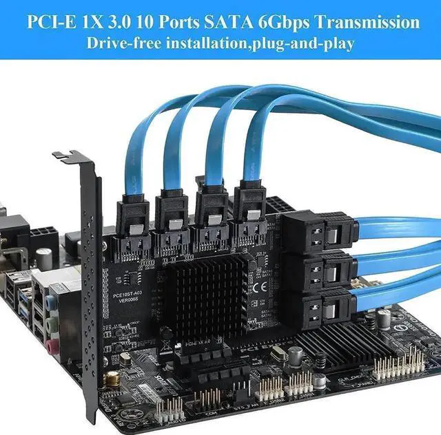 Alt view image 3 of 7 - Vszerda 10 Port PCIe X1 SATA 3.0 Expansion Card with ASM1166 Chip, 6Gbps Non-RAID SATA Controller Adapter, Low Profile Bracket & 10 SATA Cables Included