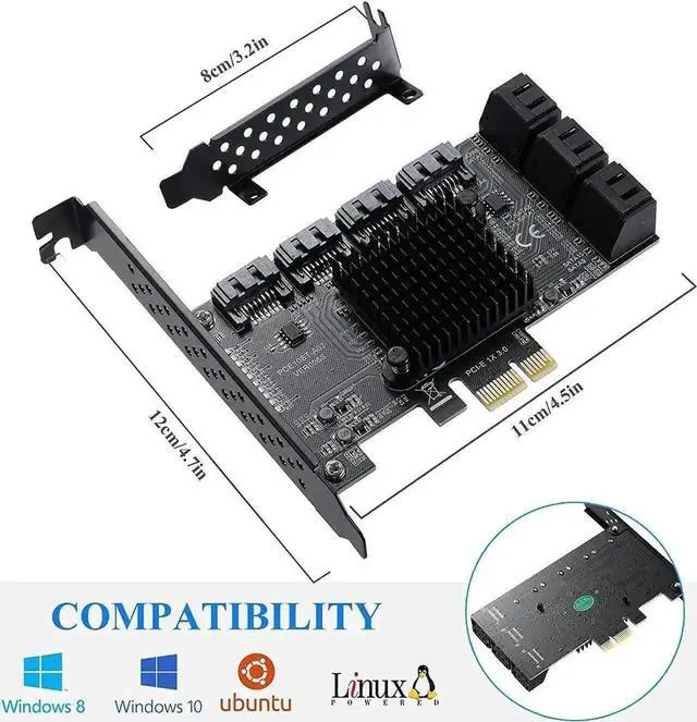 Alt view image 4 of 7 - Vszerda 10 Port PCIe X1 SATA 3.0 Expansion Card with ASM1166 Chip, 6Gbps Non-RAID SATA Controller Adapter, Low Profile Bracket & 10 SATA Cables Included