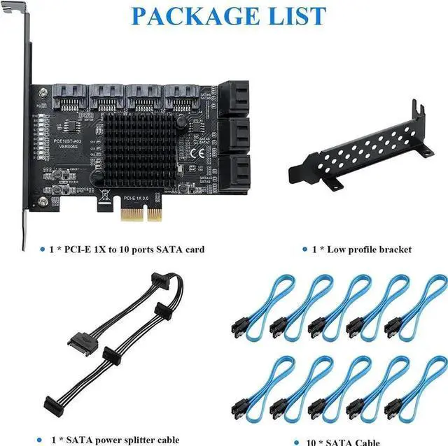 Alt view image 6 of 7 - Vszerda 10 Port PCIe X1 SATA 3.0 Expansion Card with ASM1166 Chip, 6Gbps Non-RAID SATA Controller Adapter, Low Profile Bracket & 10 SATA Cables Included