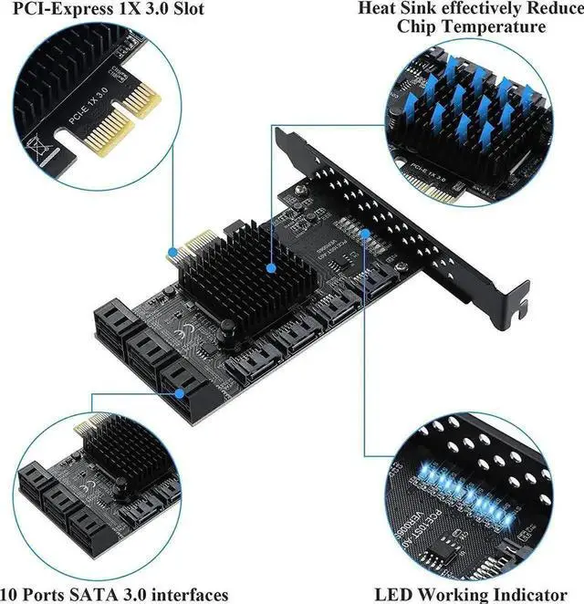 Alt view image 7 of 7 - Vszerda 10 Port PCIe X1 SATA 3.0 Expansion Card with ASM1166 Chip, 6Gbps Non-RAID SATA Controller Adapter, Low Profile Bracket & 10 SATA Cables Included