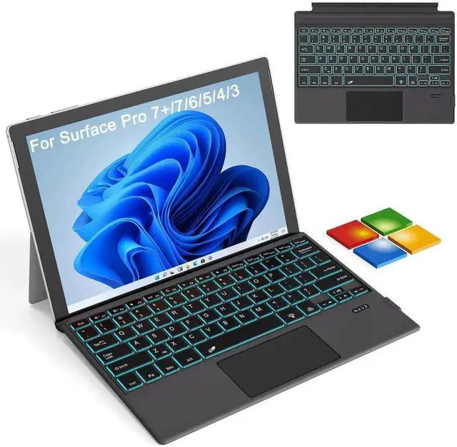 Main image of Vszerda Rechargeable Bluetooth Type Cover Keyboard for Surface Pro 3/4/5/6/7/7 Plus, Ultra-Slim Magnetic Keyboard with Trackpad & 7 Color Backlight