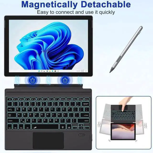 Alt view image 5 of 7 - Vszerda Rechargeable Bluetooth Type Cover Keyboard for Surface Pro 3/4/5/6/7/7 Plus, Ultra-Slim Magnetic Keyboard with Trackpad & 7 Color Backlight