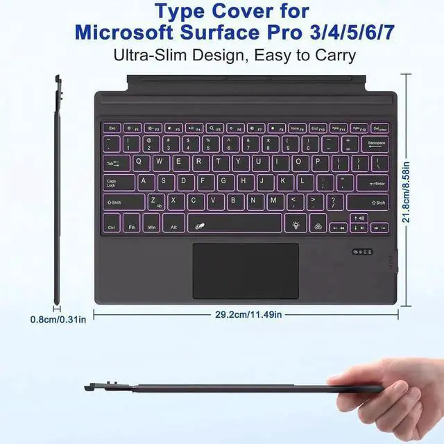 Alt view image 2 of 7 - Vszerda Rechargeable Bluetooth Type Cover Keyboard for Surface Pro 3/4/5/6/7/7 Plus, Ultra-Slim Magnetic Keyboard with Trackpad & 7 Color Backlight