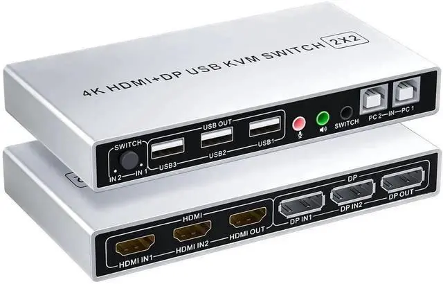 Main image of Vszerda 2 In 2 Out Dual Monitor KVM Switch, Hybrid HDMI+DP Input & Output 4K@60Hz KVM Switcher for 2 PCs Share Two Displays