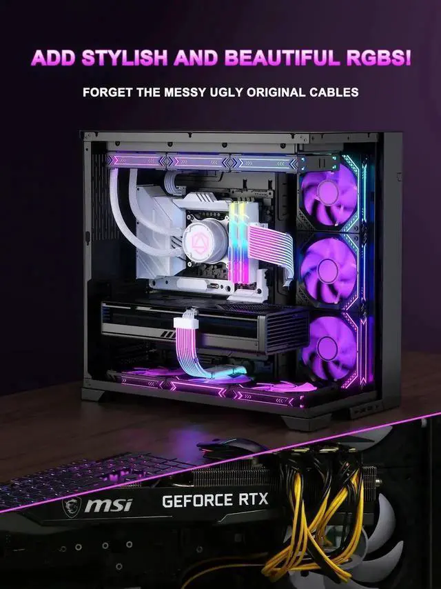 Alt view image 3 of 7 - Vszerda ARGB 12VHPWR PSU Extension Cable Kit with Flexible LED Strips, ATX 24Pin + 16Pin to Dual 8Pin GPU Power Cables for RTX 5090/5080/4080 Custom PC Modding