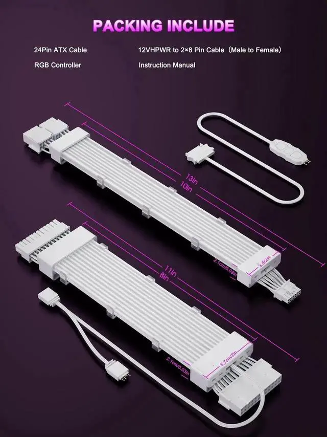 Alt view image 7 of 7 - Vszerda ARGB 12VHPWR PSU Extension Cable Kit with Flexible LED Strips, ATX 24Pin + 16Pin to Dual 8Pin GPU Power Cables for RTX 5090/5080/4080 Custom PC Modding