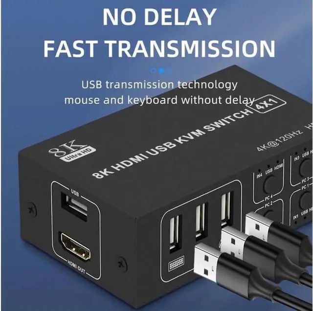 Alt view image 2 of 7 - Vszerda 4X1 4 Port HDMI KVM Switch 8K@60Hz 4K@120Hz, 4 In 1 Out USB KVM Switcher for 4 PCs Share Single Monitor, Come with 4 USB Cables & Power Cable