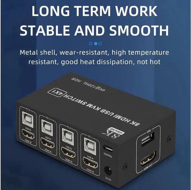 Alt view image 7 of 7 - Vszerda 4X1 4 Port HDMI KVM Switch 8K@60Hz 4K@120Hz, 4 In 1 Out USB KVM Switcher for 4 PCs Share Single Monitor, Come with 4 USB Cables & Power Cable